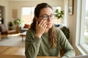 A person in glasses rubbing one eye while sitting at a table by a window in a living room.