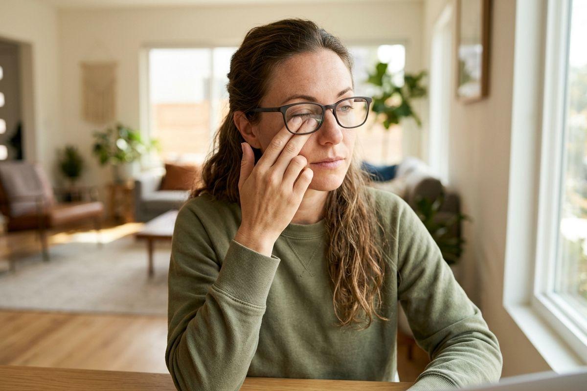 A person in glasses rubbing one eye while sitting at a table by a window in a living room.