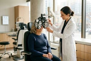An optometrist adjusts a phoropter for a smiling seated patient during an eye exam in a bright clinic.