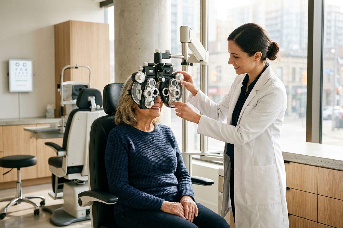 An optometrist adjusts a phoropter for a smiling seated patient during an eye exam in a bright clinic.