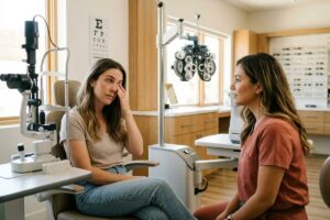 An optometrist talking with a patient who rubs one eye while seated in an exam chair beside eye-testing equipment.
