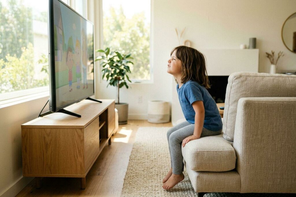 A child watching a cartoon, sitting on a sofa much too close to a TV in a bright living room.