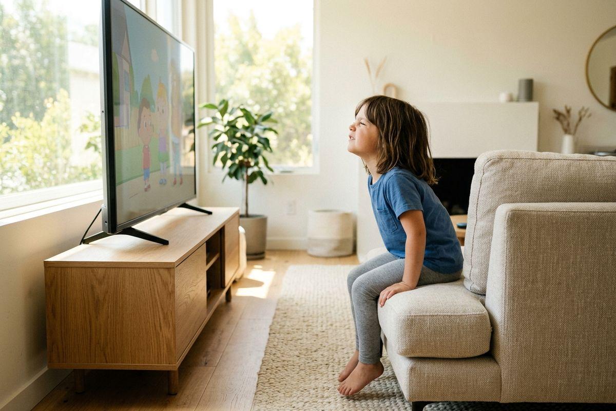 A child watching a cartoon, sitting on a sofa much too close to a TV in a bright living room.