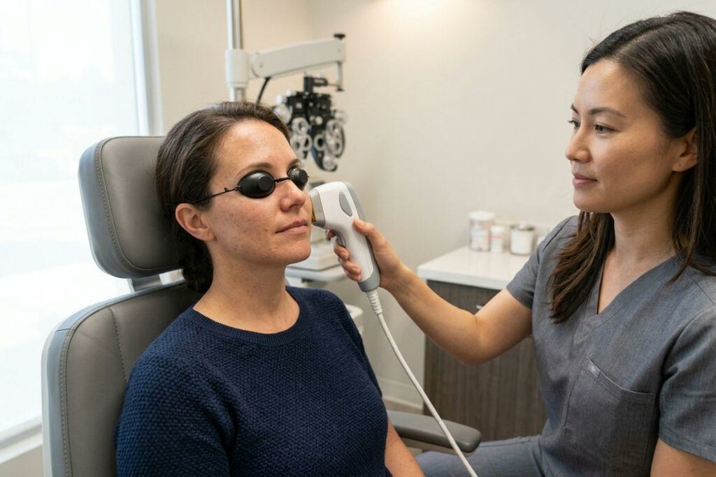 A clinician applies a handheld device to the face of a seated person wearing protective eye shields in a clinic.