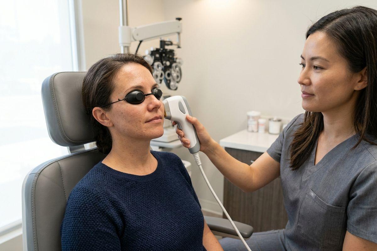 A clinician applies a handheld device to the face of a seated person wearing protective eye shields in a clinic.