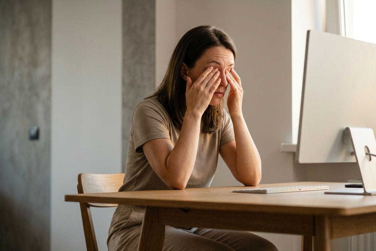 A person rubbing their eyes while sitting at a wooden desk with a computer monitor and keyboard.