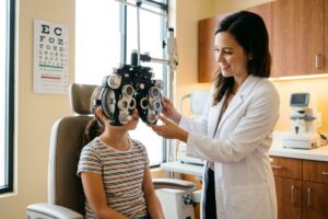 An optometrist adjusts a phoropter as a child looks through it during an eye exam, with an eye chart on the wall.