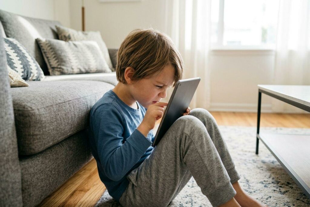Child sitting on floor against a sofa, looking intently at a tablet held close to their face.