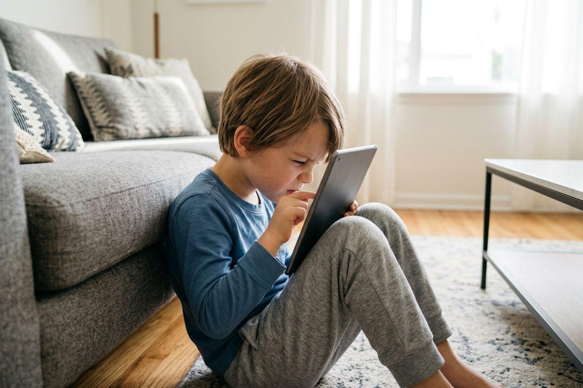 Child sitting on floor against a sofa, looking intently at a tablet held close to their face.