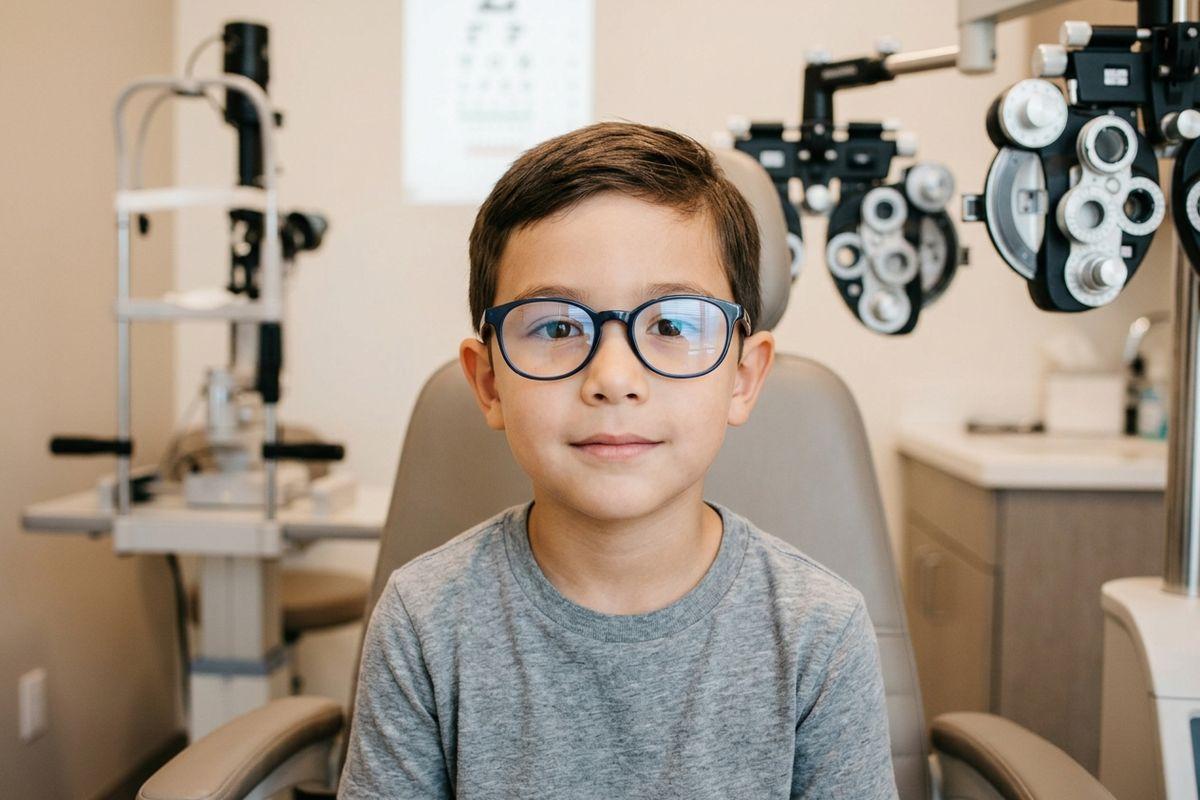 Child wearing glasses, seated in an optometrist's exam chair with a phoropter and eye chart nearby.