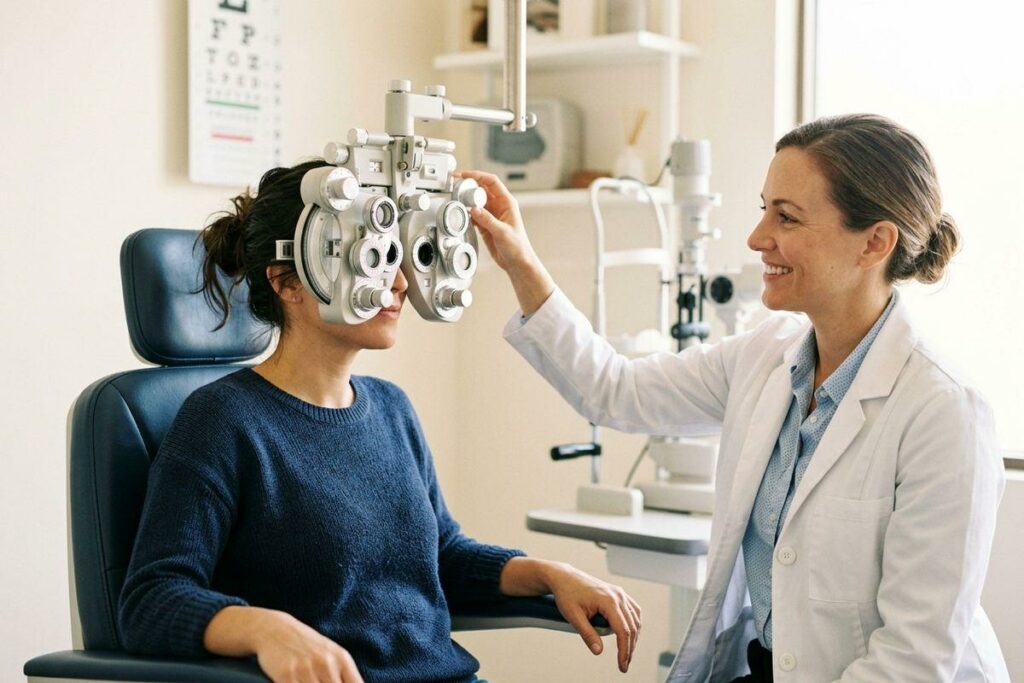 Optometrist smiling while adjusting a phoropter for a patient during an eye exam, with an eye chart on the wall.