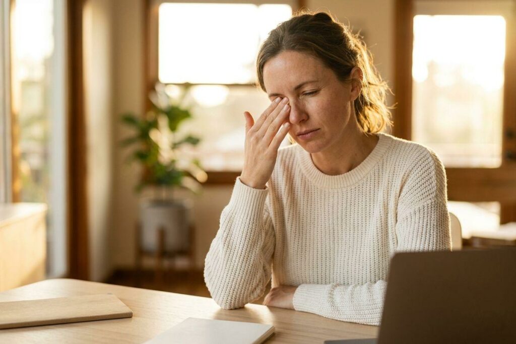 Adult in a cream sweater sits at a wooden table with a laptop, eyes closed, rubbing one eye with their fingers in a sunlit room.