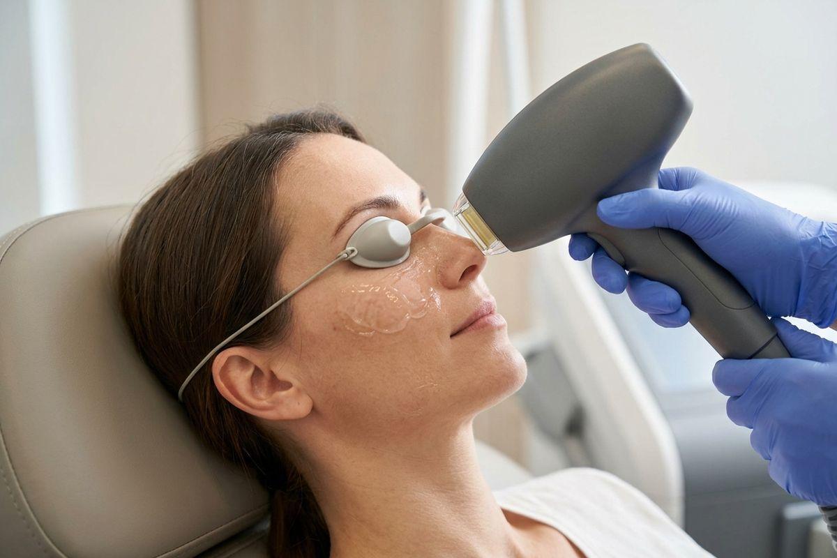Adult with protective eye shields reclines in a treatment chair as gloved hands hold a handheld device to their nose; gel is visible on their cheek.