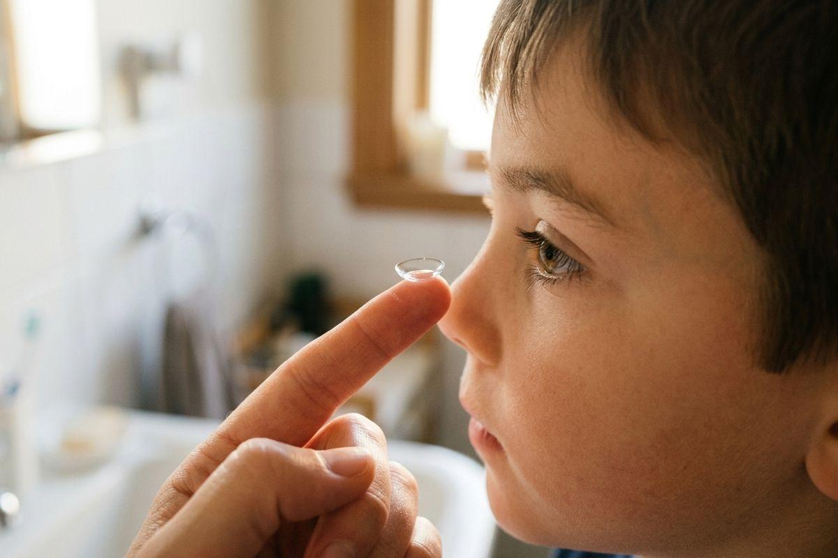 Child in a bathroom looks at a contact lens balanced on a fingertip held near their face, with a sink and window blurred behind.