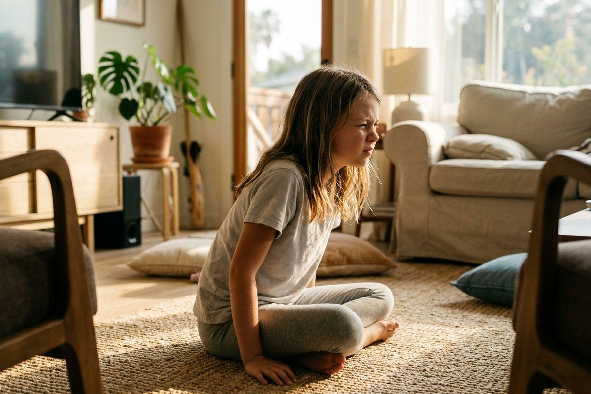 Child sits cross-legged on a woven rug in a sunlit living room, squinting and frowning, with a sofa and potted plant nearby.